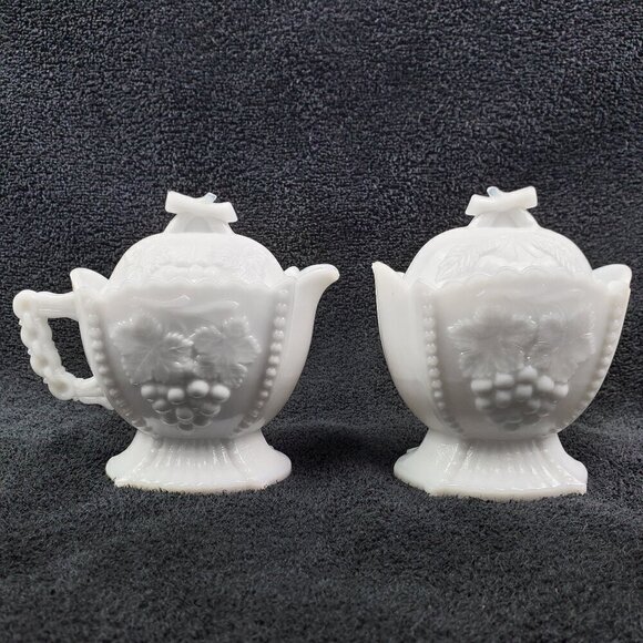 Westmoreland Milk Glass Creamer and Sugar Set Lidded Vintage “Cherry & Grape” - Picture 1 of 13